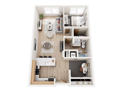 A top-down view of a small apartment with a kitchen, living room, and bathroom.